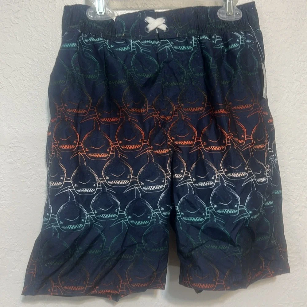 Revolution Boys Shark Print Swim Trunks Navy Blue Orange Teal Size L 12/14 NWT